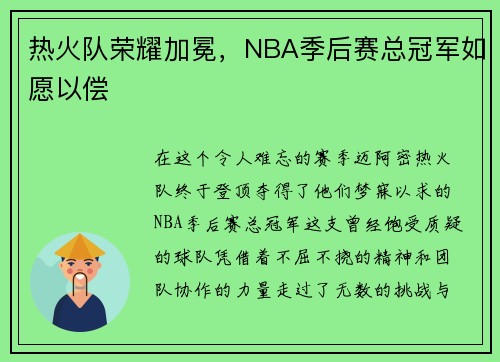 热火队荣耀加冕，NBA季后赛总冠军如愿以偿